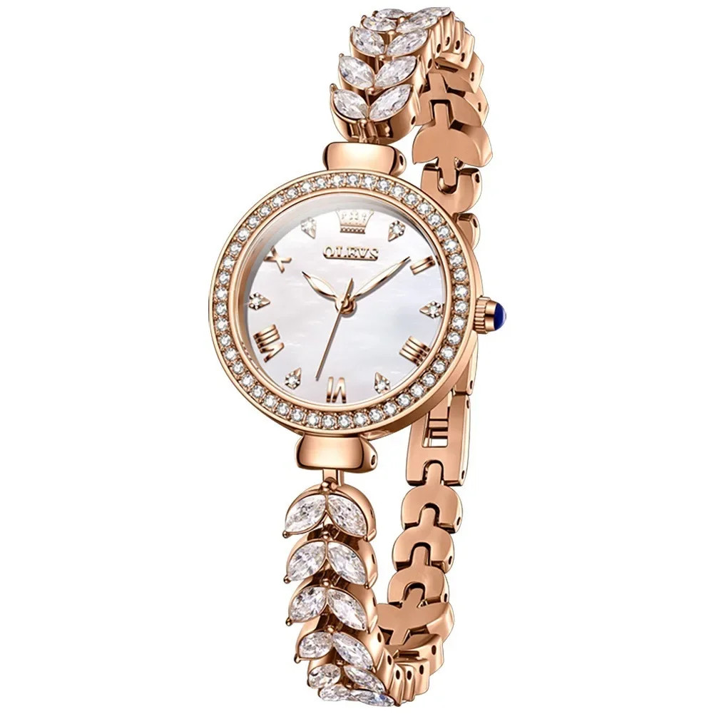 Ceas damă Olevs, brățară oțel cu zirconii, cadran sidefat alb, rose gold CS1613