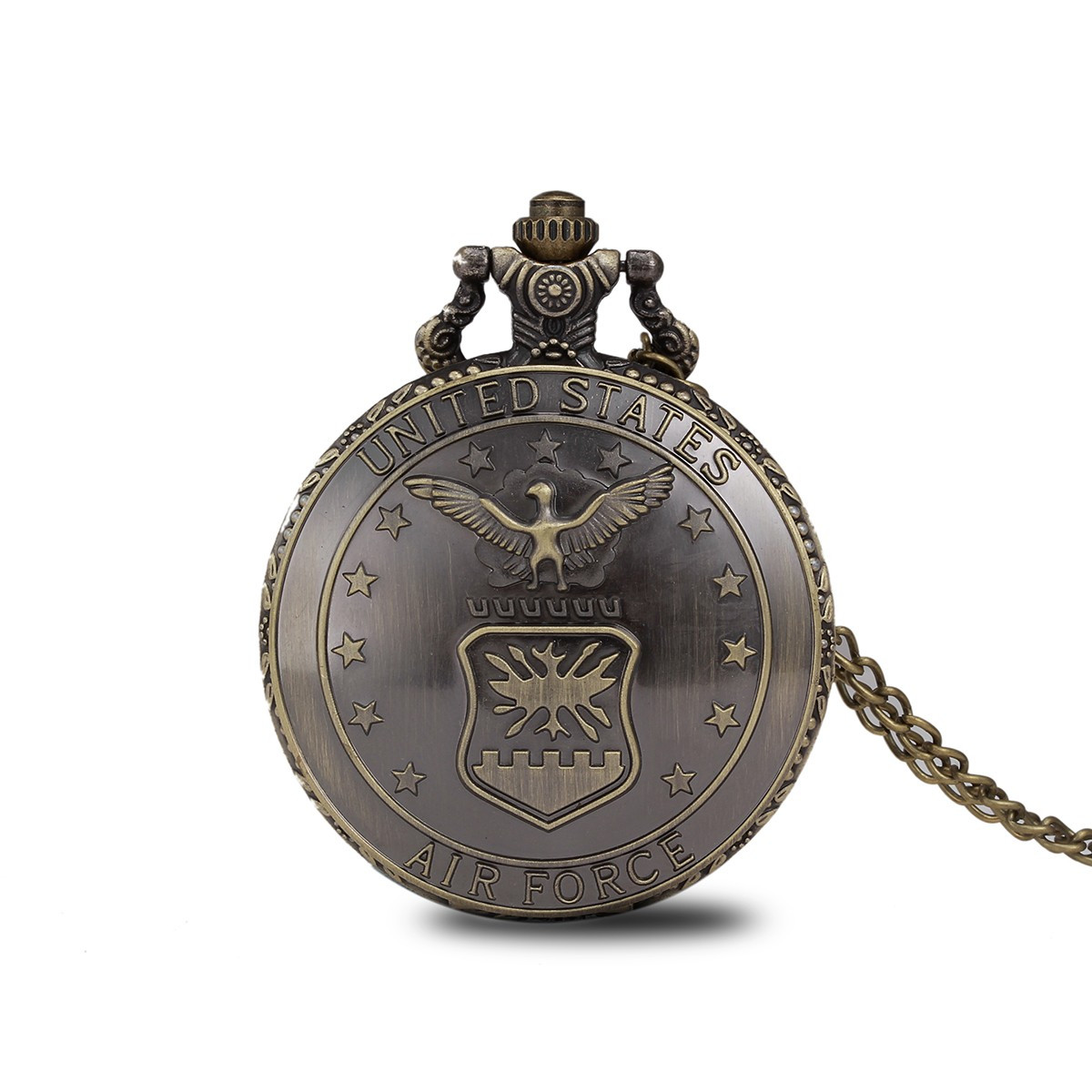 Ceas de buzunar vintage cu lanț, capac United States Air Force, bronz