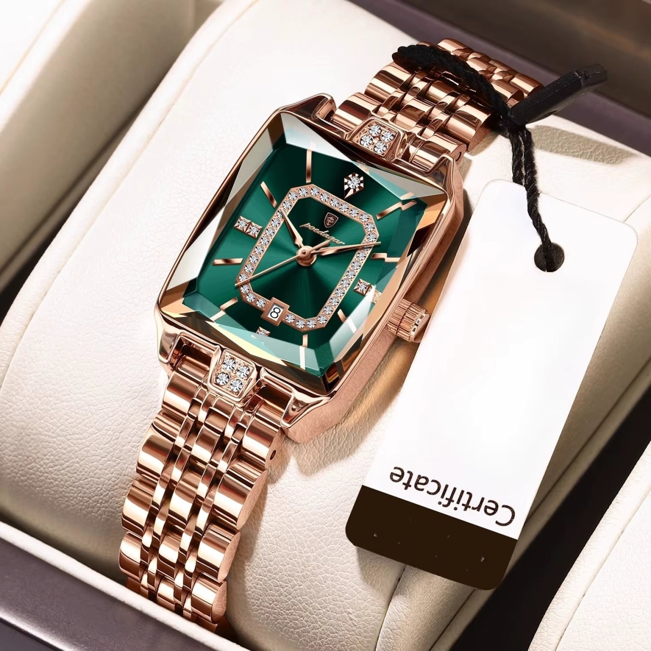 Ceas de dama Poedagar CS1909, otel inoxidabil, rose gold, cadran verde
