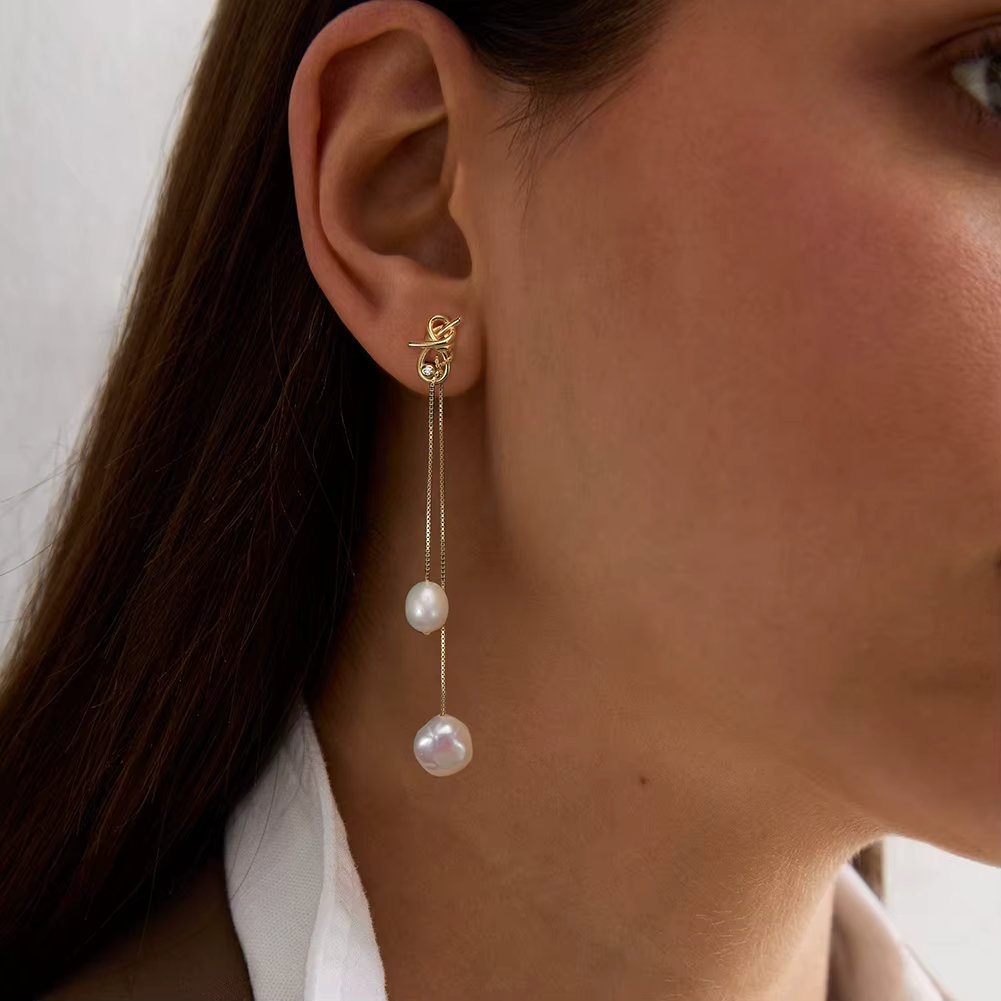 Cercei argint 925, JW1719, model asimetric cu perle, placati cu aur