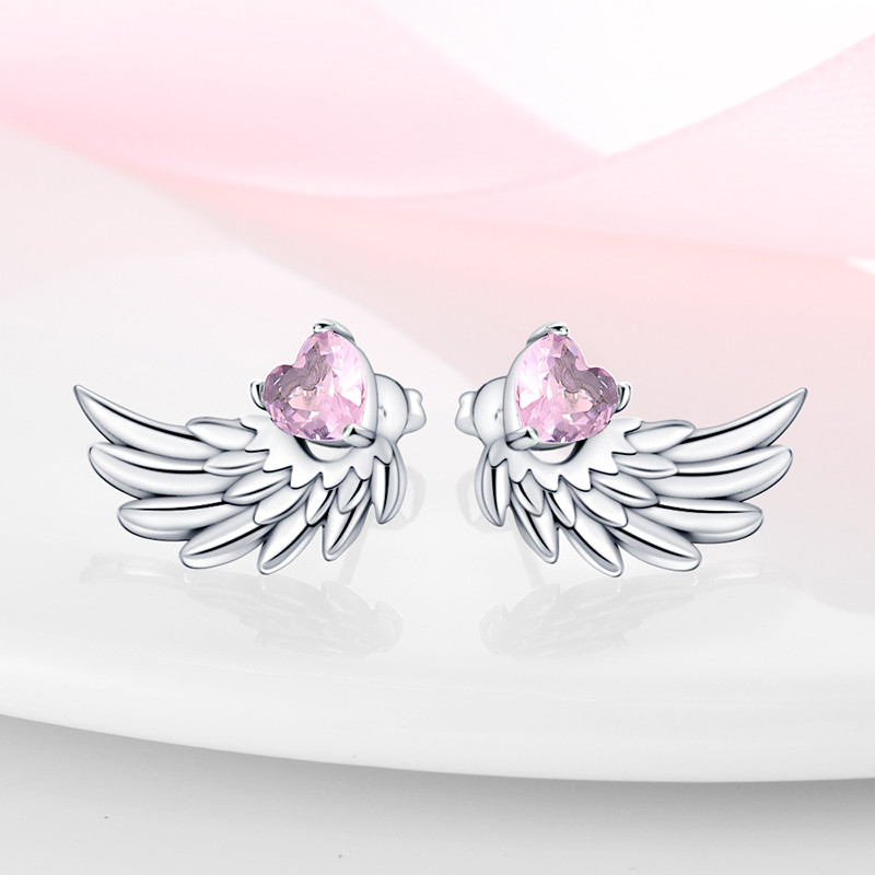 Cercei argint 925, JW604, model inima cu aripa, placati cu rodiu