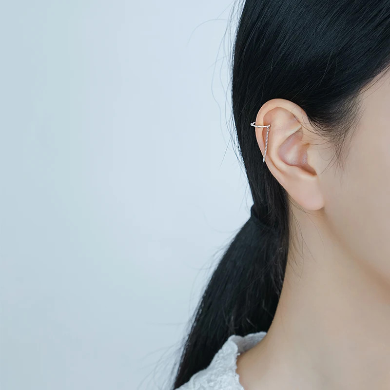 Cercei ear cuff argint 925, JW1078, model simplu cu lant, placati cu rodiu