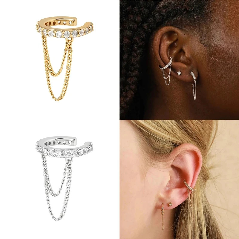 Cercel ear cuff argint 925, JW995, model cu lant, placat cu aur - 1 | YEO