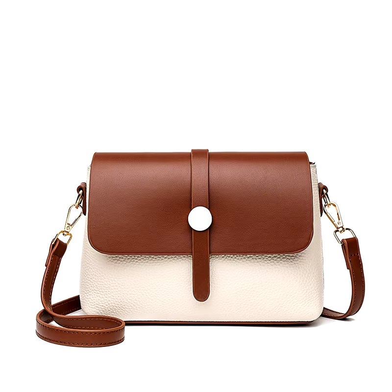 Geantă damă crossbody piele, clapetă cu capsă, curea lungă, crem cu maro