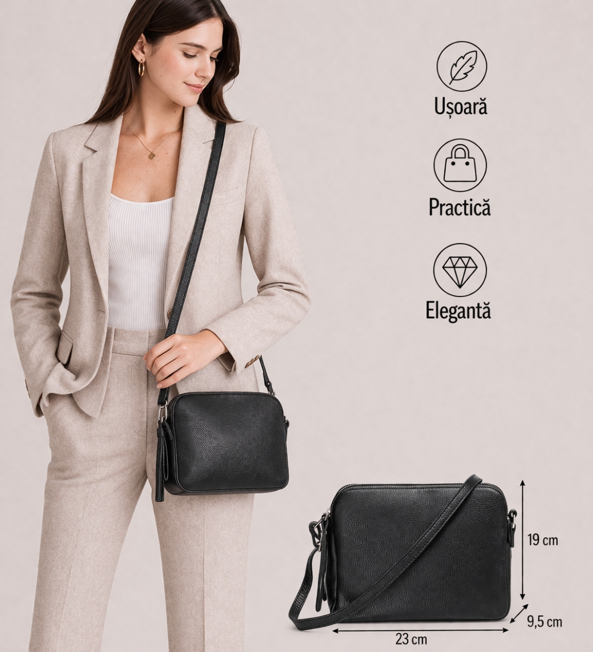 Geanta dama GT1981 Fosca, piele naturala, Negru - imagine 2