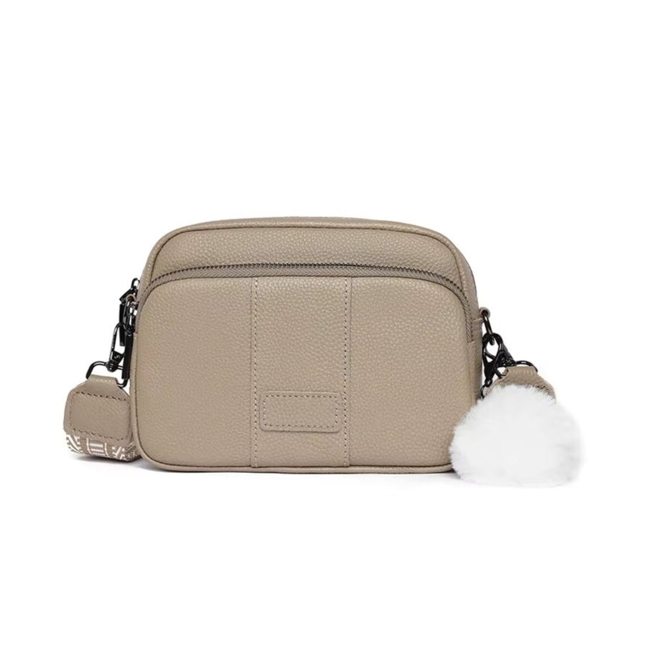 Geantă damă piele naturală, crossbody, breloc pompon, bej GT3348