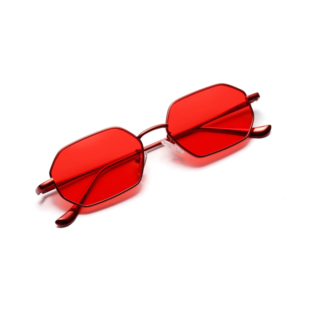 Ochelari de soare damă ramă metalică subțire, formă hexagonală, lentile roșii