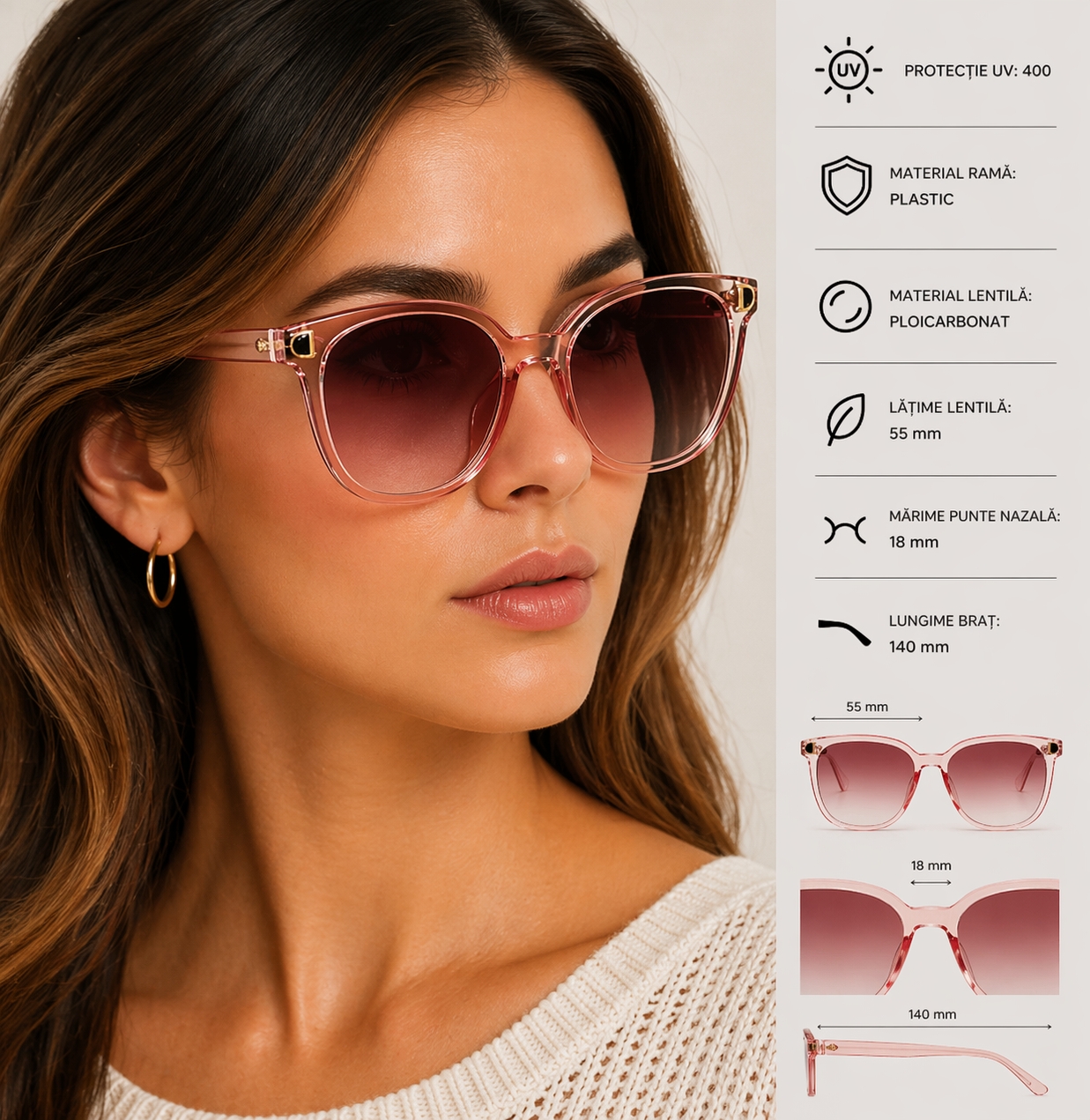 Ochelari de soare damă, ramă supradimensionată transparentă, lentile degrade, roz — imaginea 2