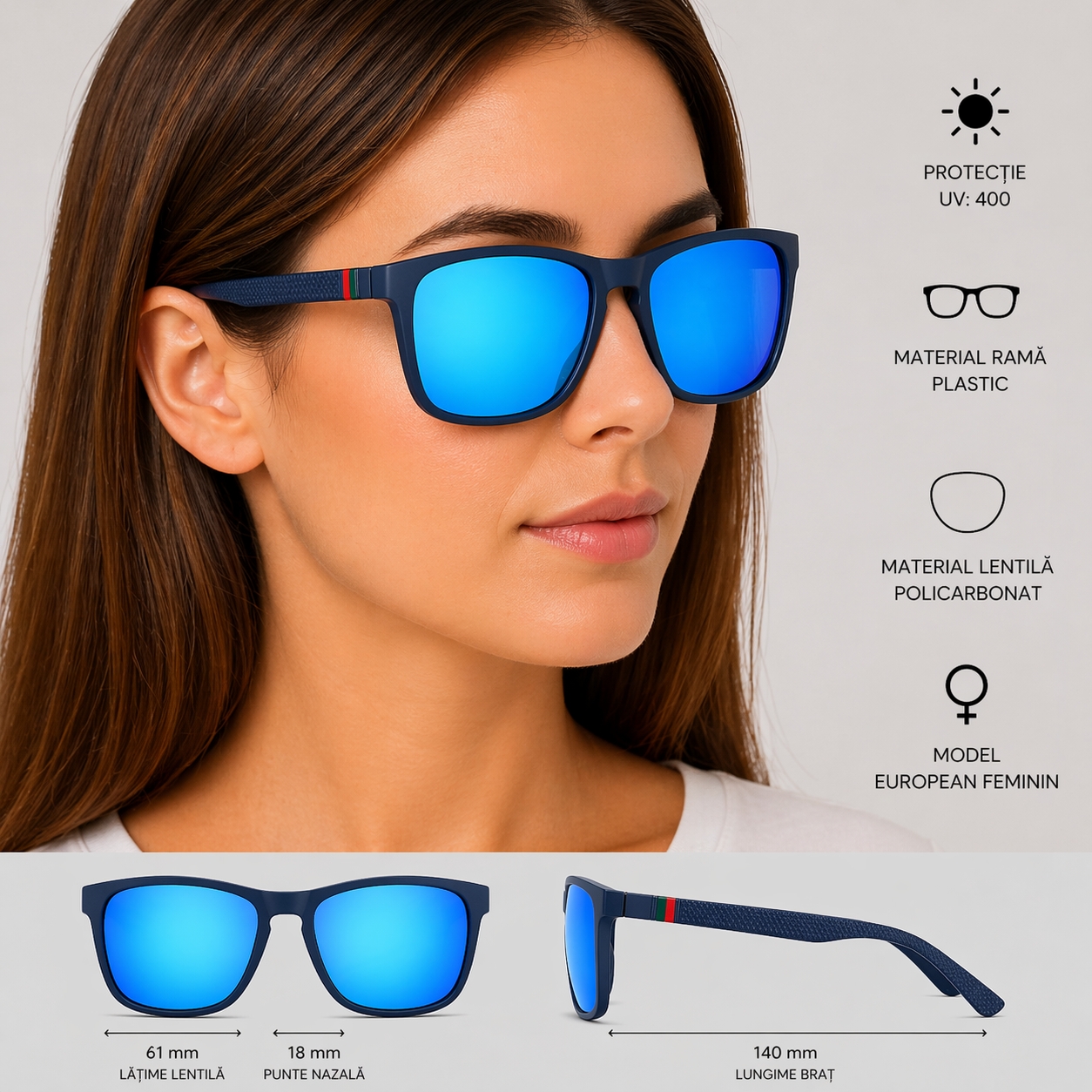 Ochelari de soare unisex, lentile oglindă, ramă pătrată neagră, albastru — imaginea 2