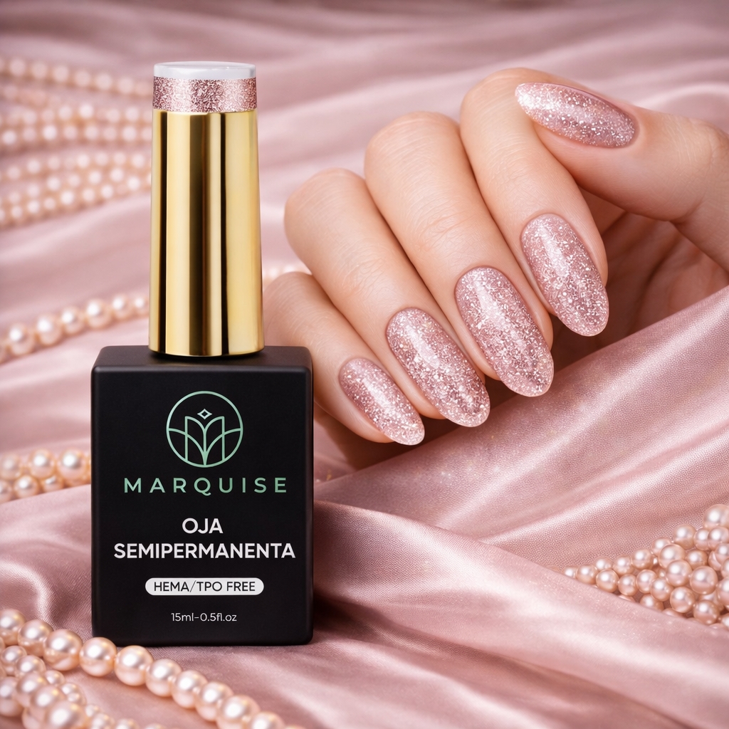 Ojă semipermanentă Marquise Fantasy J1002, glitter roz-auriu, HEMA free, 15 ml — imaginea 2