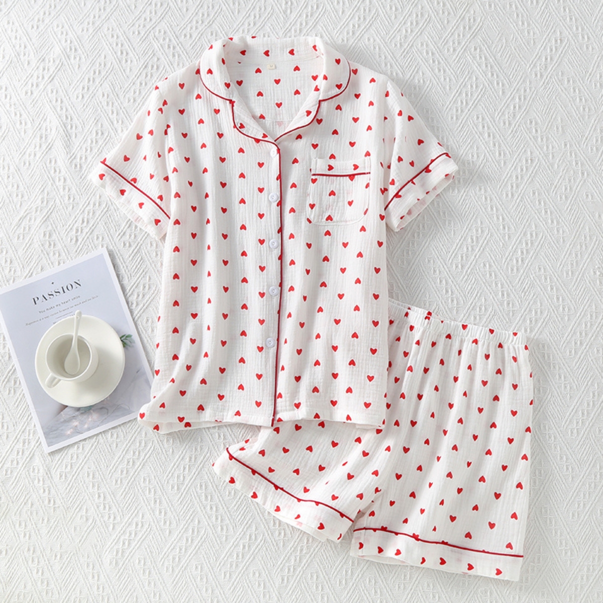 Pijama dama "Sleepy Hearts" din doua piese, PJ023, Alb - Rosu