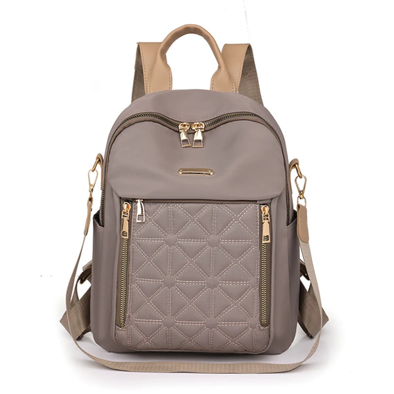 Rucsac damă material textil, buzunar matlasat, fermoare aurii, bej