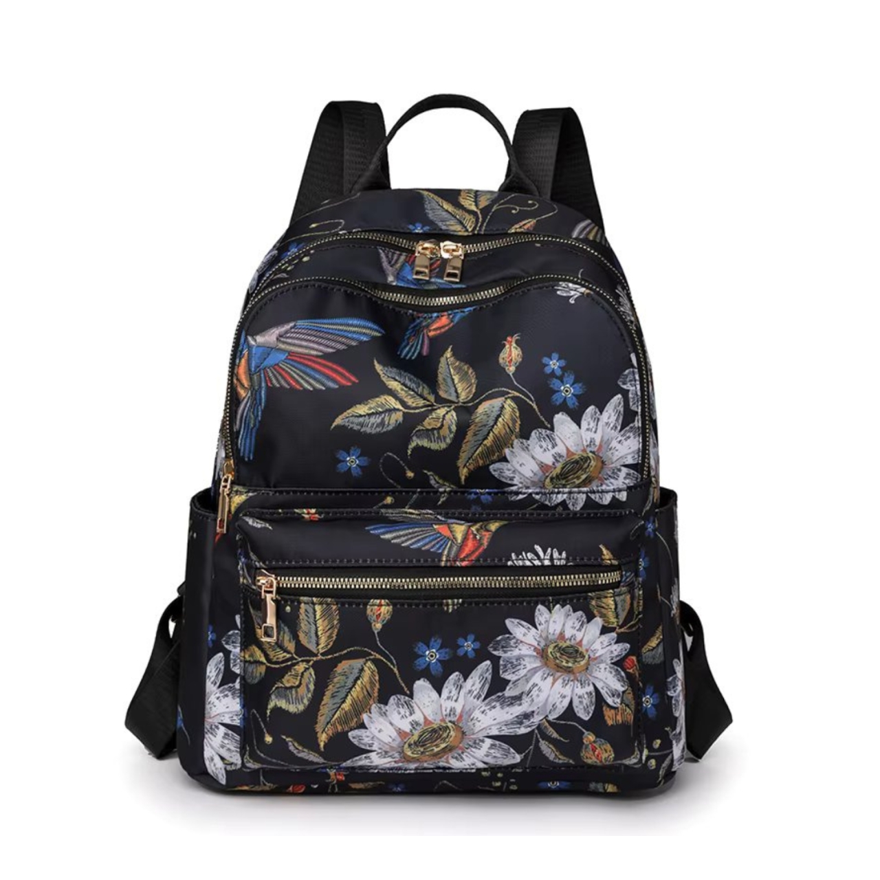 Rucsac damă material textil, imprimeu floral, buzunar frontal cu fermoar, negru