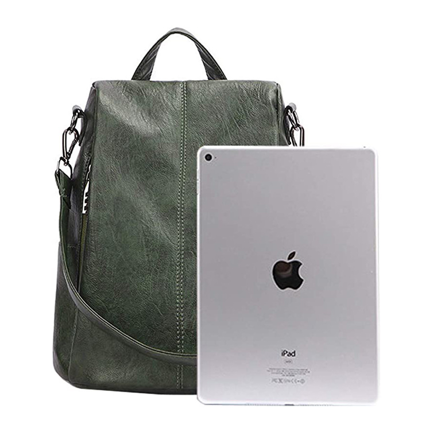 Rucsac damă piele ecologică, antifurt, fermoar lateral, verde — imaginea 3