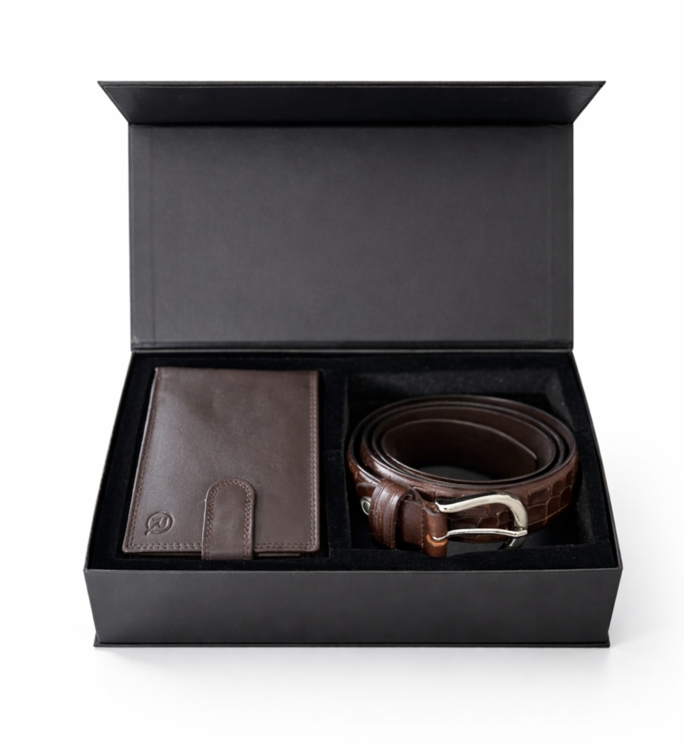 Set cadou pentru barbati, Portofel + Curea, piele naturala, model elegant, SET30, Maro