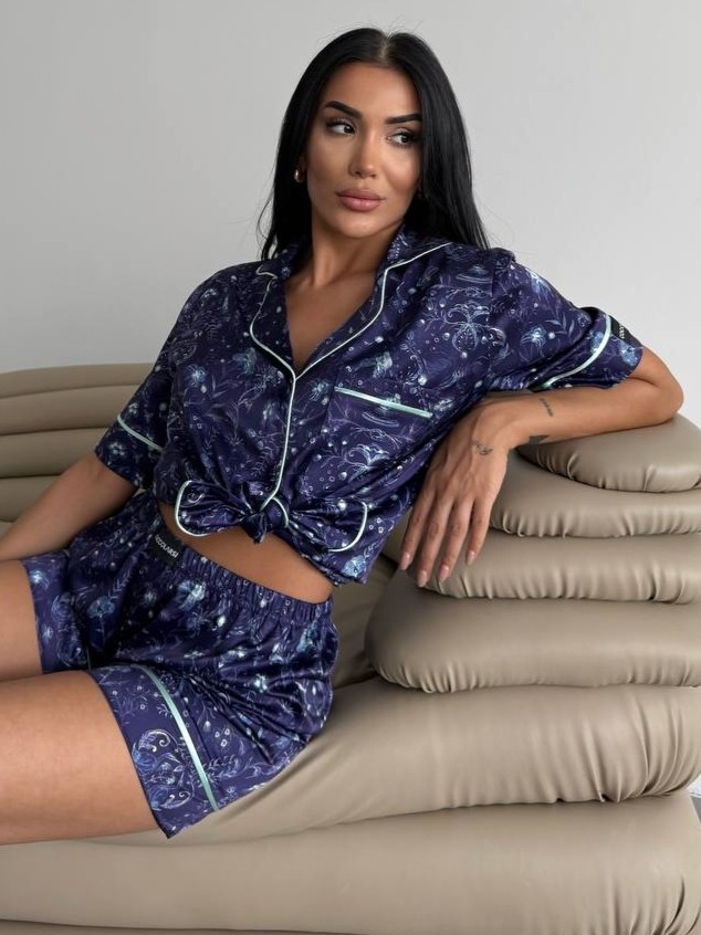 Set pijama dama din doua piese, cu nasturi – 2500100, Bleumarin Floral - imagine 3