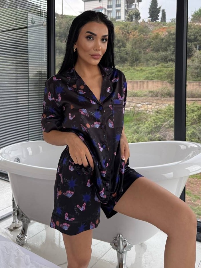 Set pijama dama din doua piese, cu nasturi – 2500116, Midnight Butterfly - imagine 3