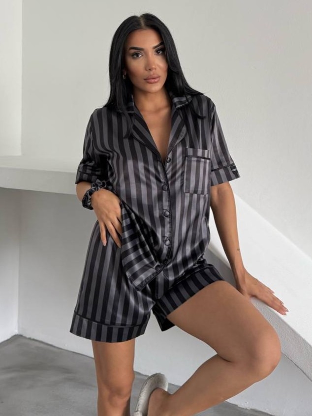 Set pijama dama din doua piese, cu nasturi – 2500156, Negru/Gri
