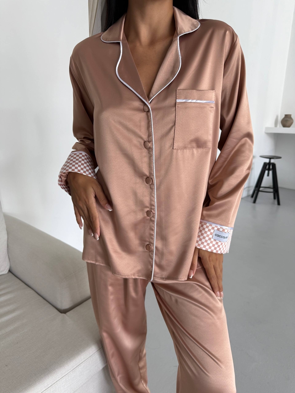Set pijama dama din doua piese, cu nasturi – 2500258, Bej - imagine 4