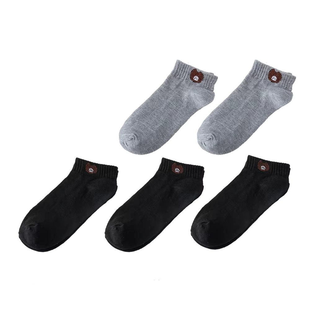 Șosete damă scurte, set 5 perechi, aplicație brodată, negru și gri, 35-39