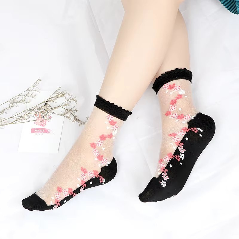 Sosete pentru dama, SS0146, model flori, Alb/Negru, marime universala