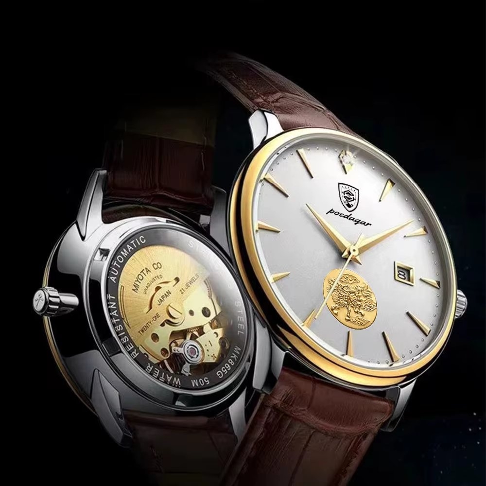 Ceas barbatesc Poedagar CS1769, automatic, piele naturala, negru, cadran alb