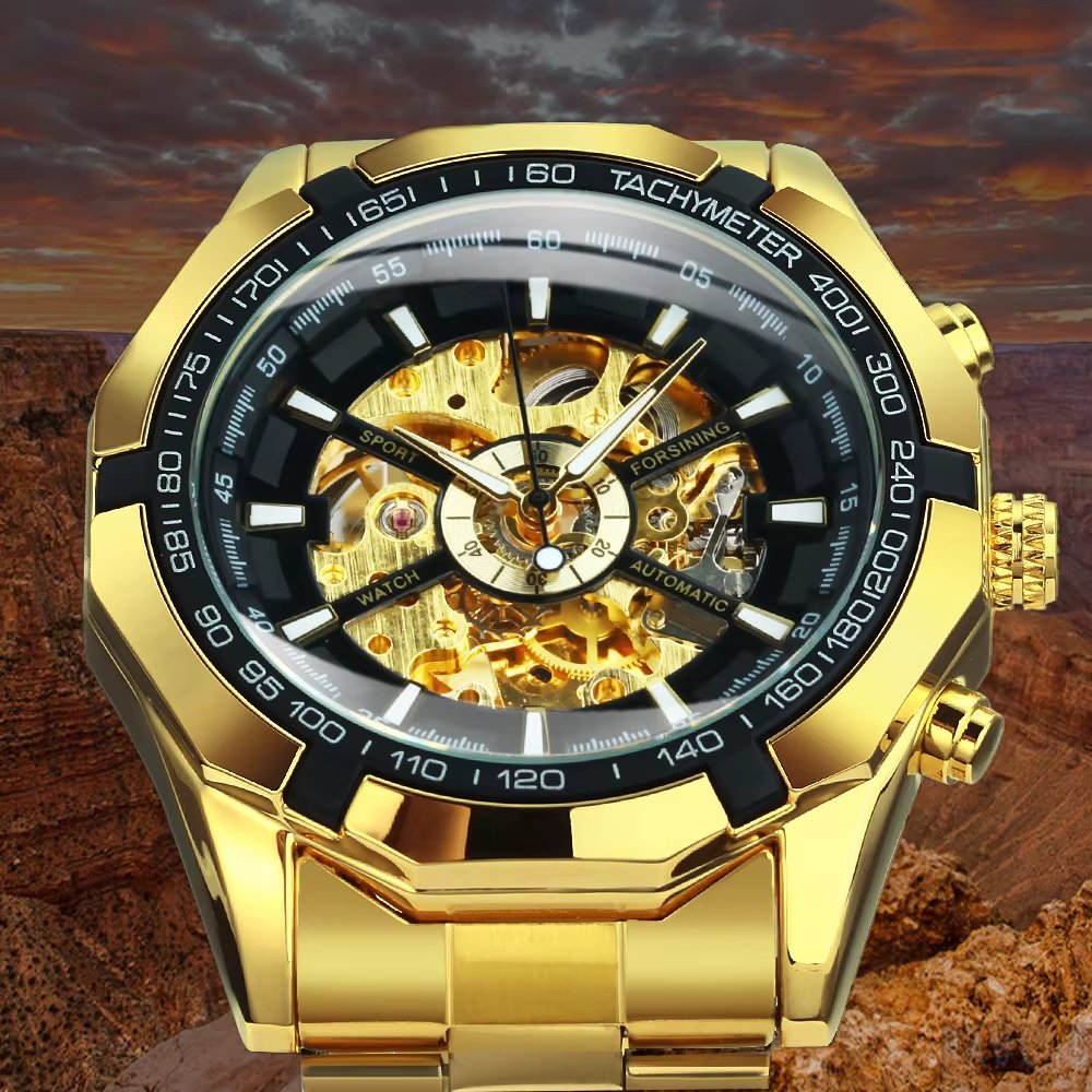 Ceas barbatesc Winner CS1735, automatic, otel inoxidabil, auriu, cadran negru - 1 | YEO