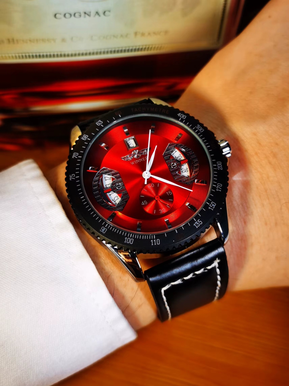Ceas barbatesc Winner CS1753, automatic, piele naturala, negru, cadran rosu - 2 | YEO