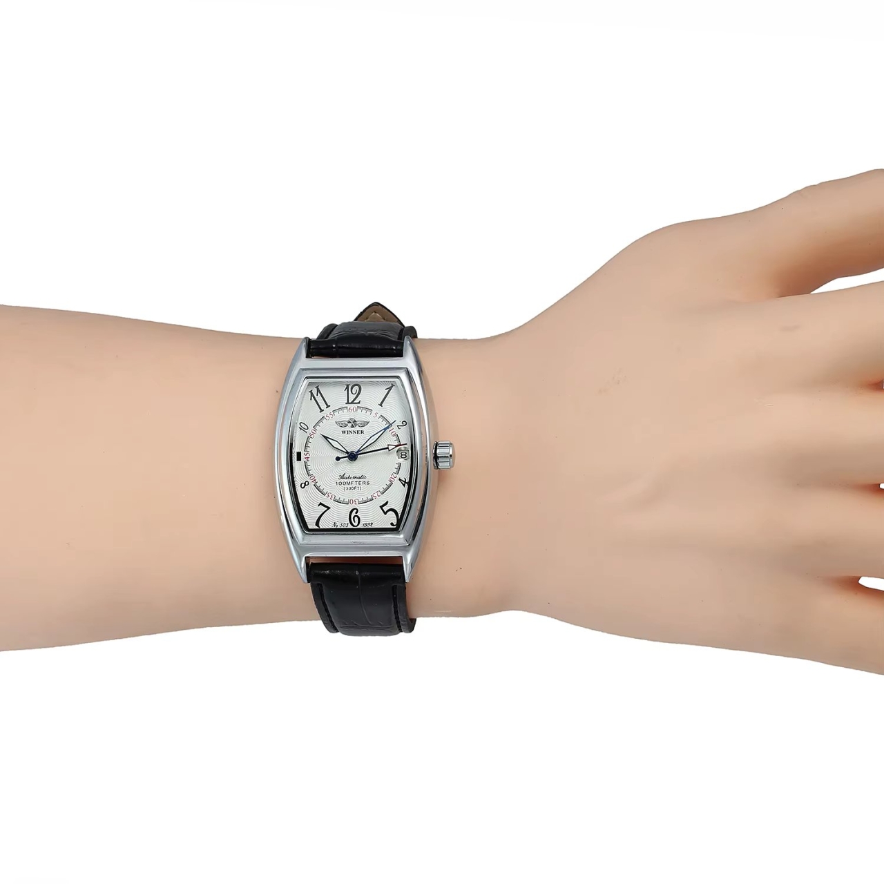 Ceas barbatesc Winner CS1758, automatic, piele naturala, negru, cadran alb