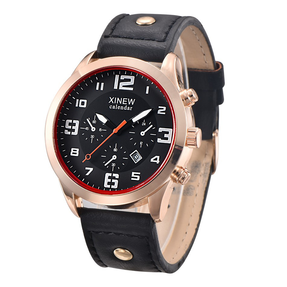 Ceas barbatesc Xinew Calendar CS620, stil casual, curea piele neagra