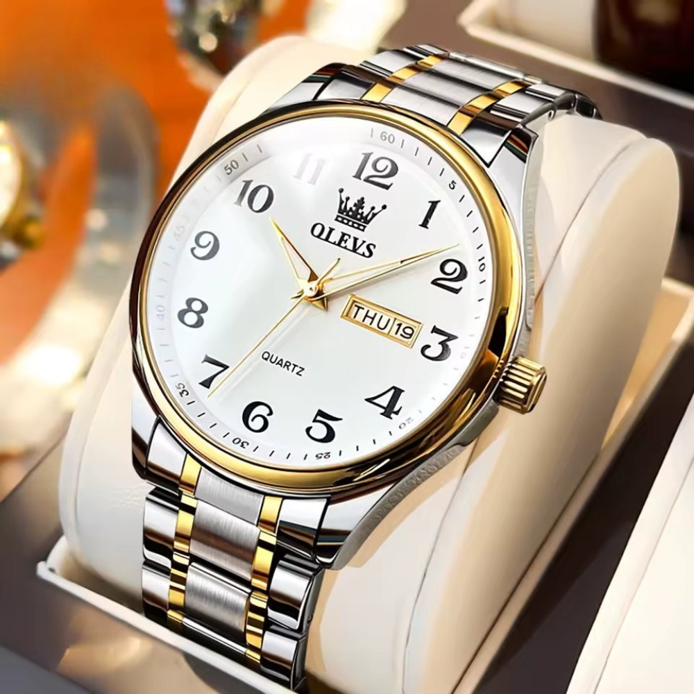 Ceas brbatesc Olevs CS1535, otel inoxidabil, argintiu-auriu, cadran alb - imagine 4