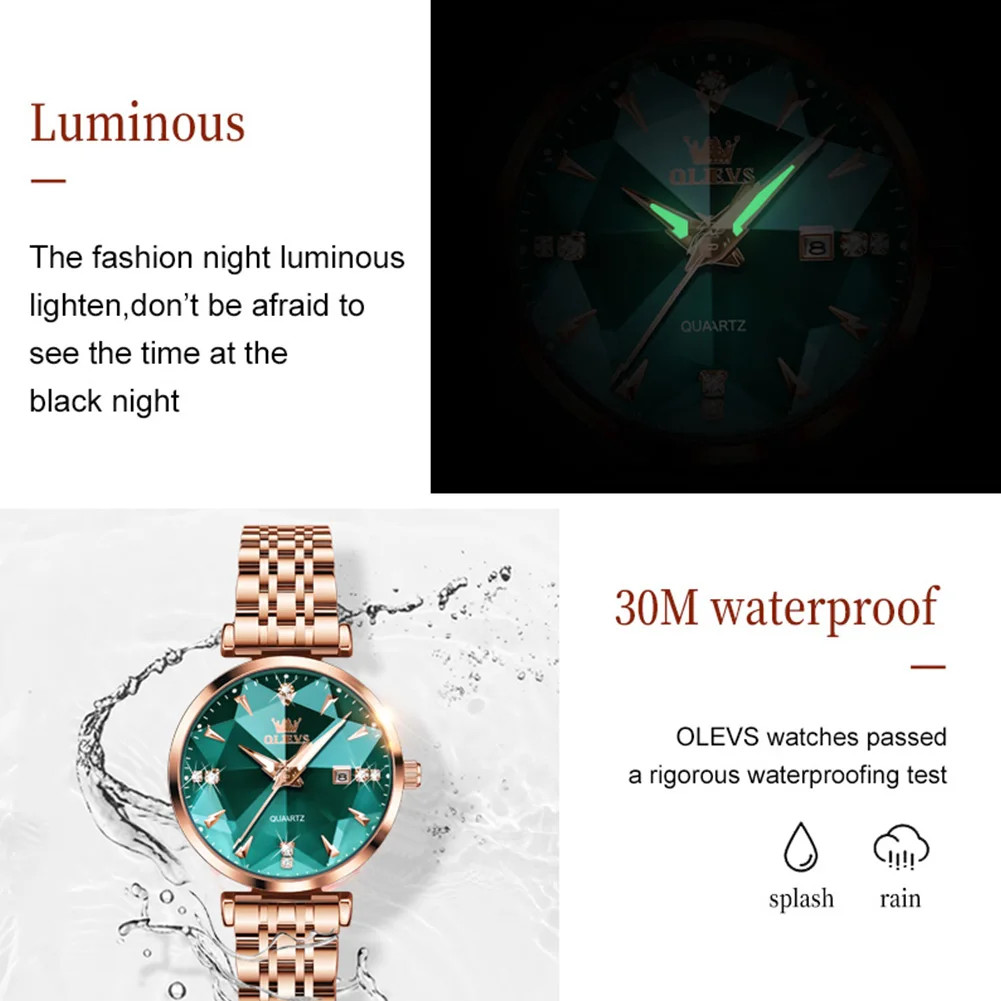 Ceas de dama Olevs CS1647, otel inoxidabil, rose gold, cadran verde - 3 | YEO
