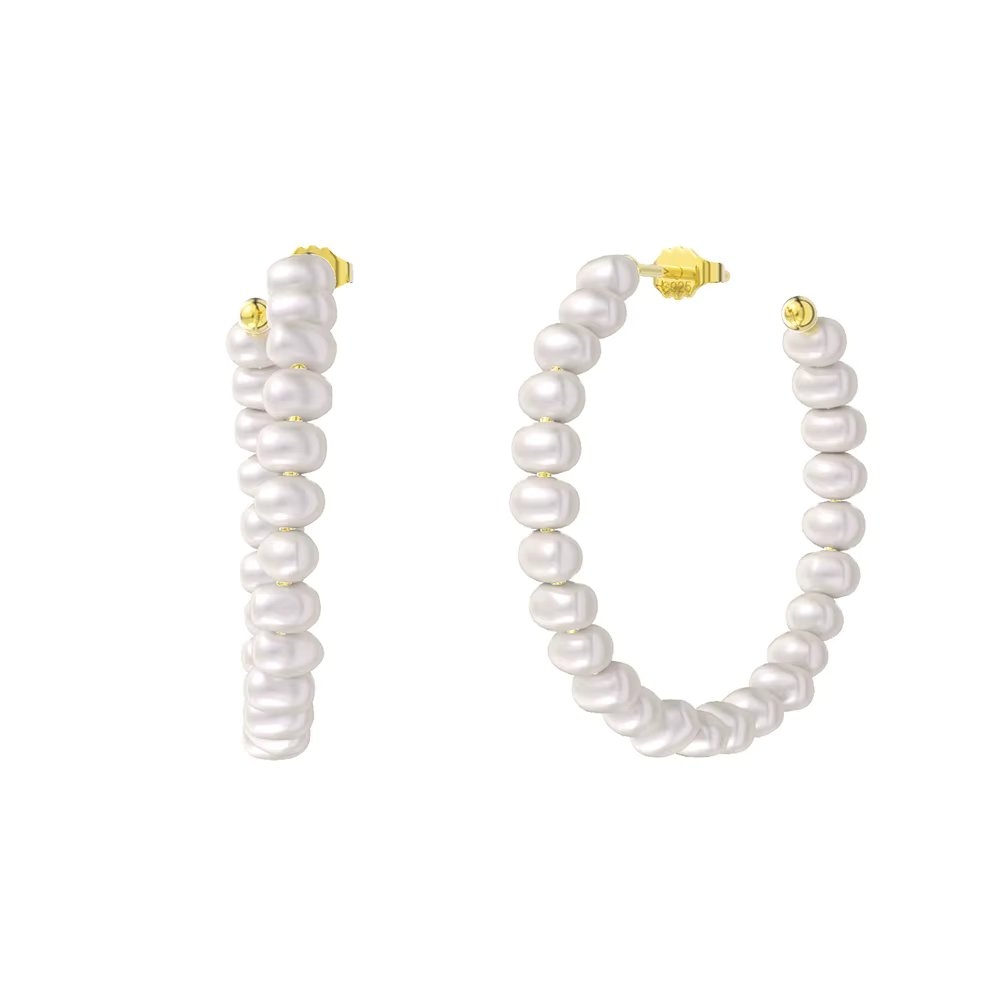 Cercei argint 925, JW1727, model cerc deschis cu perlute, placati cu aur