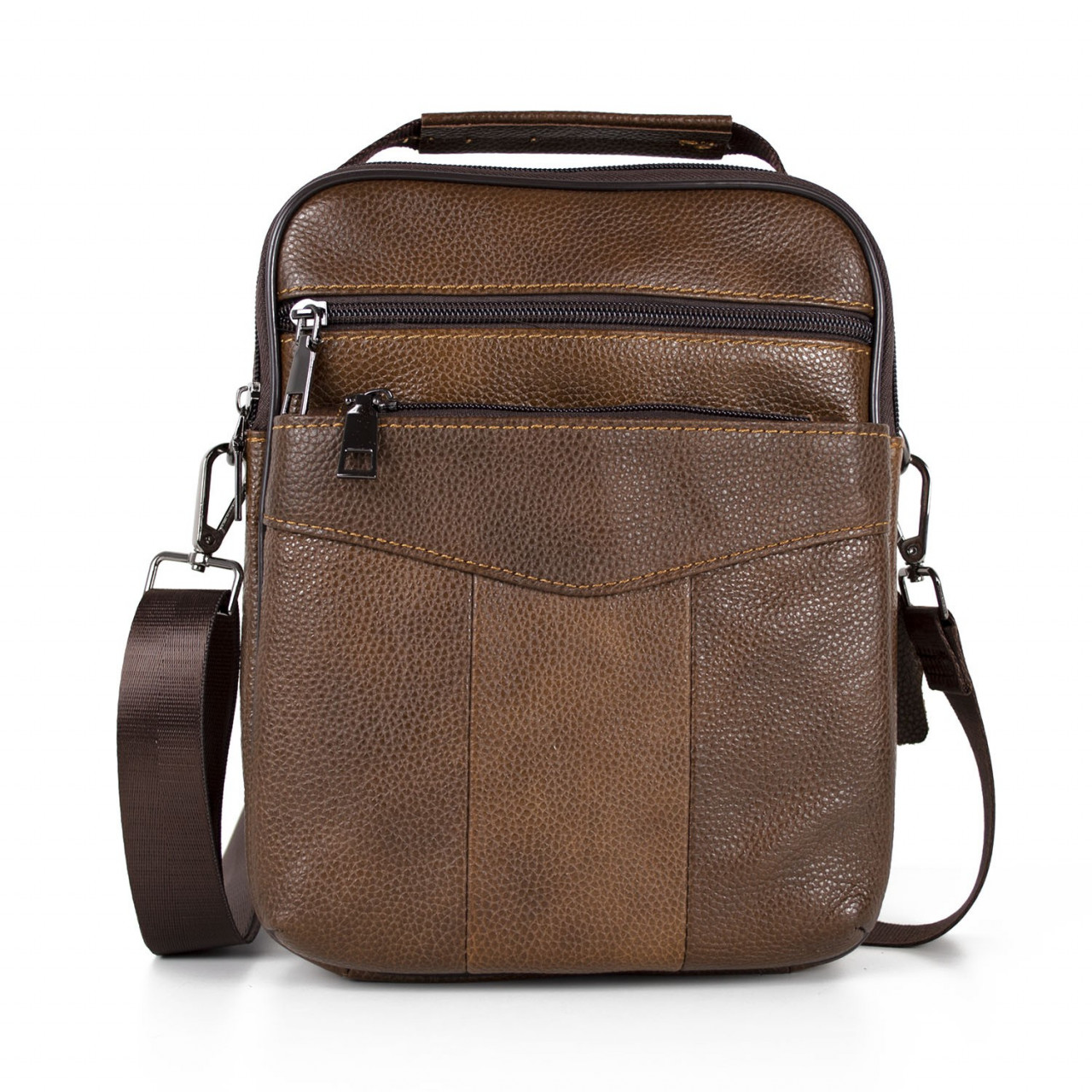 Geantă bărbați piele naturală, crossbody cu buzunare cu fermoar, maro