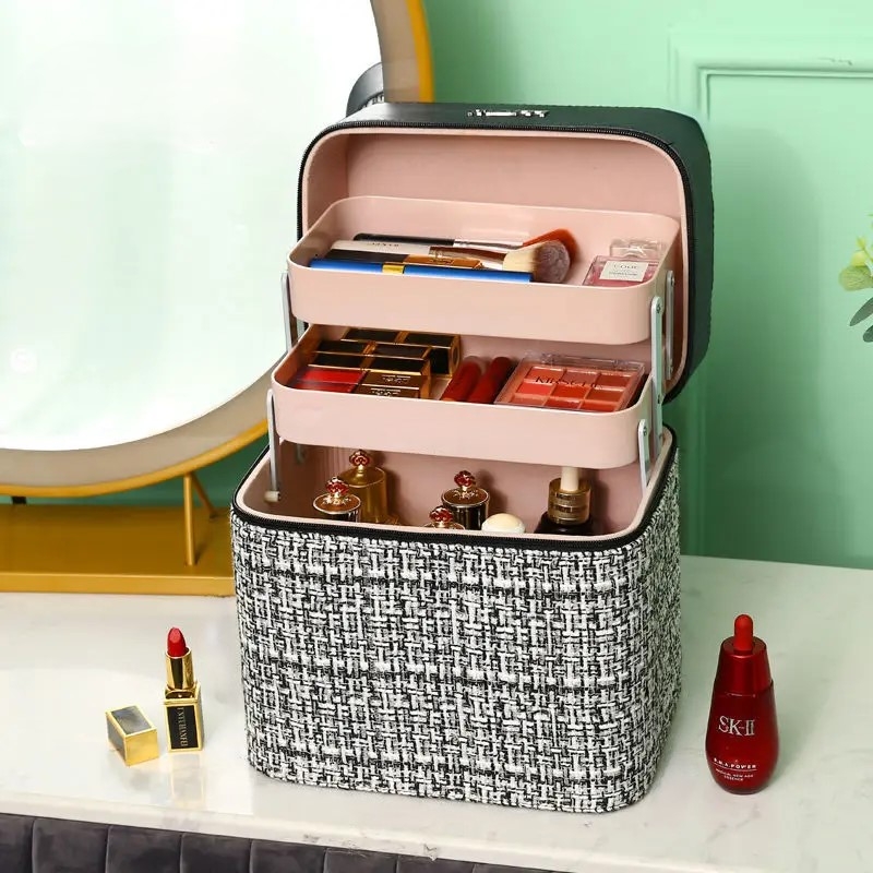 Geantă cosmetice damă, organizator cu tăvi pliabile, textil tweed, alb cu negru