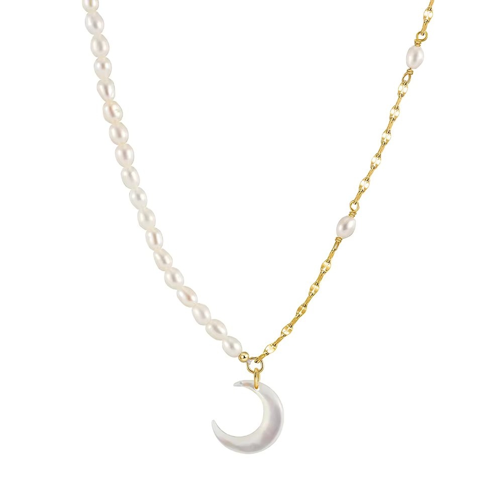 Lantisor argint 925, JW1722, model semiluna si perle, placat cu aur