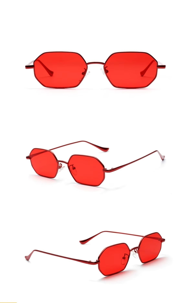 Ochelari de soare damă ramă metalică subțire, formă hexagonală, lentile roșii — imaginea 2