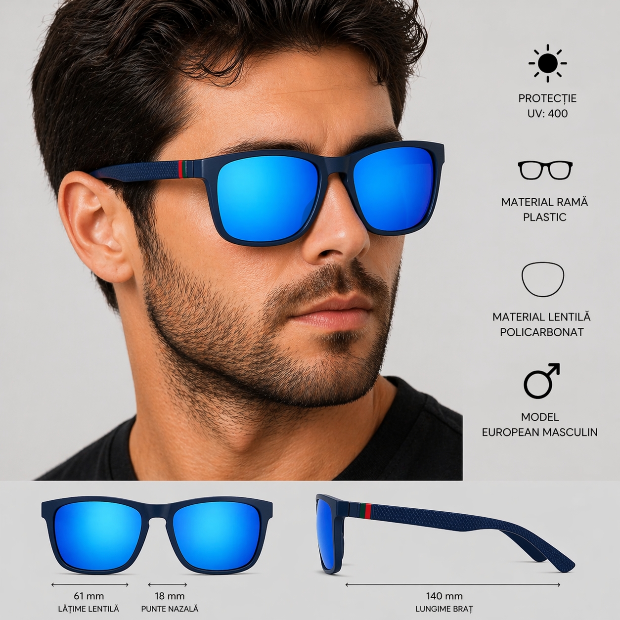 Ochelari de soare unisex, lentile oglindă, ramă pătrată neagră, albastru — imaginea 3