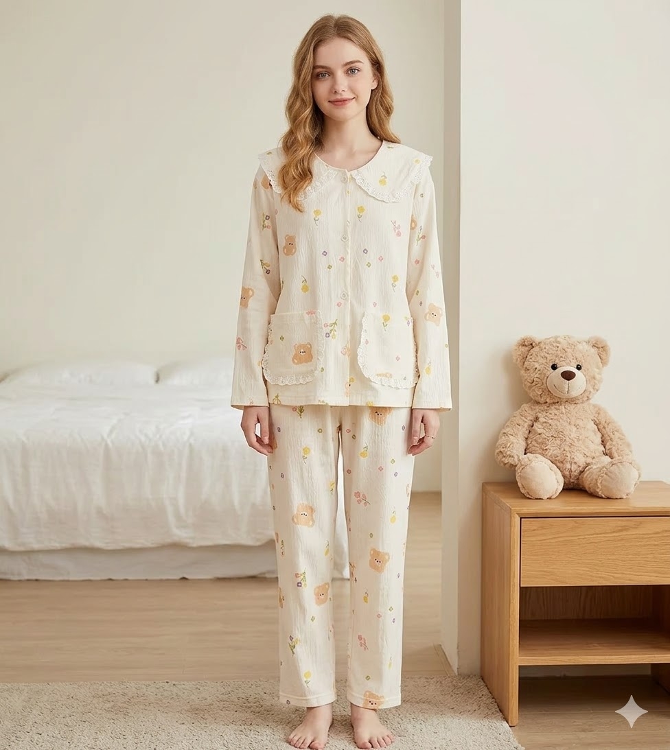 Pijama dama cu guler mare, din doua piese, PJ015, Bej