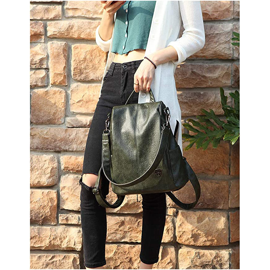 Rucsac damă piele ecologică, antifurt, fermoar lateral, verde — imaginea 4