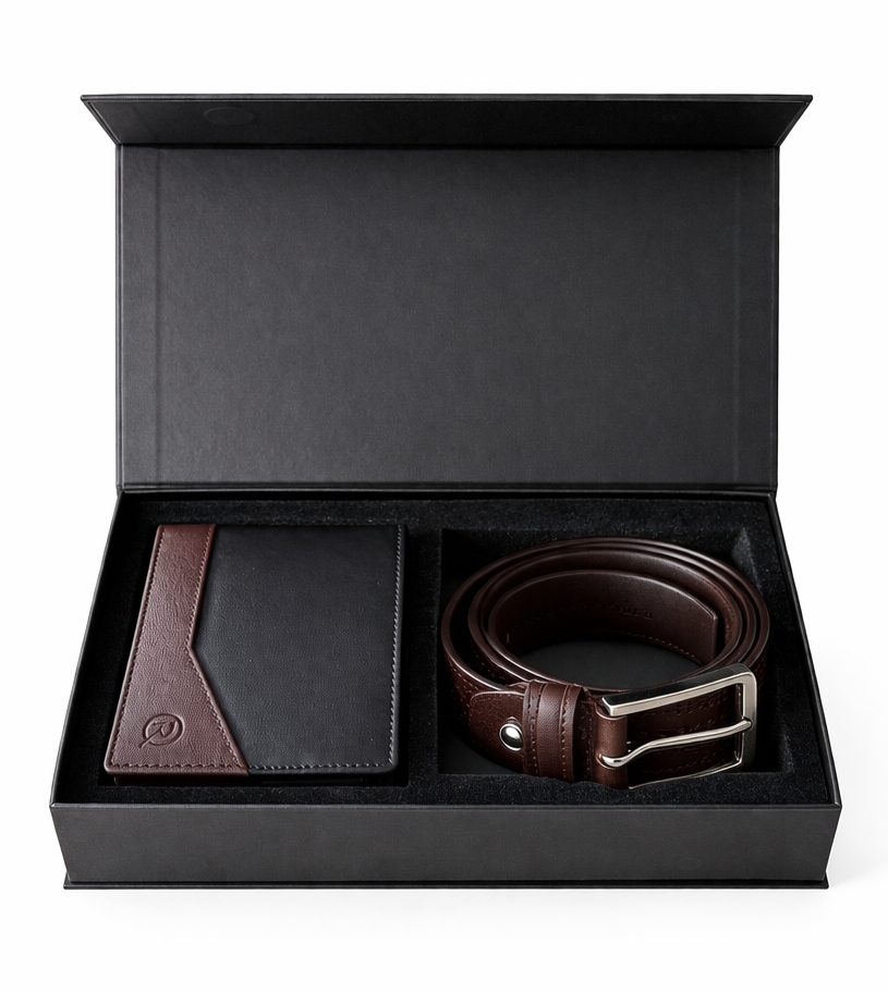 Set cadou pentru barbati, Portofel + Curea, piele naturala, model elegant, SET32, Maro/Negru