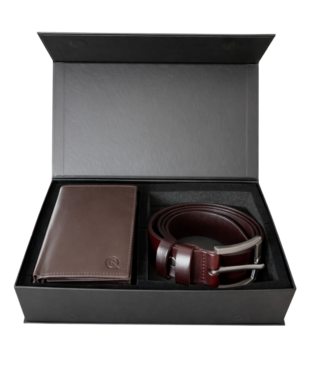 Set cadou pentru barbati, Portofel + Curea, piele naturala, model elegant, SET34, Maro inchis/Negru