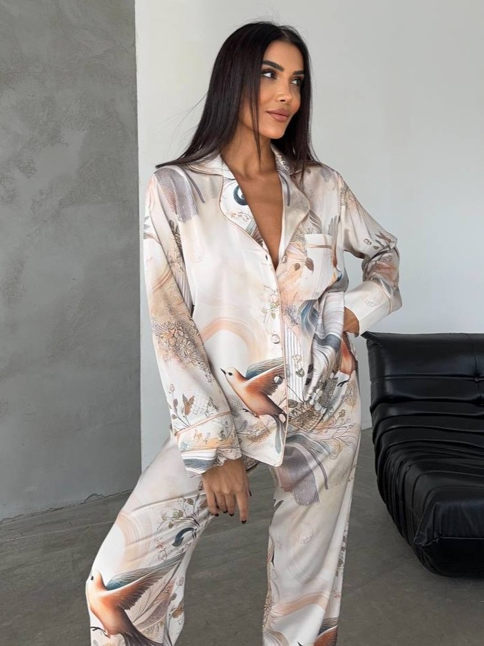 Set pijama dama din doua piese, cu nasturi – 2401756, Print pasari, Bej - imagine 4