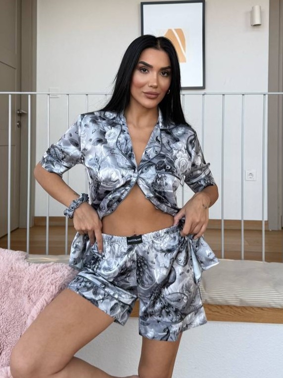 Set pijama dama din doua piese, cu nasturi – 2500088, Grey Floral Luxe - imagine 2