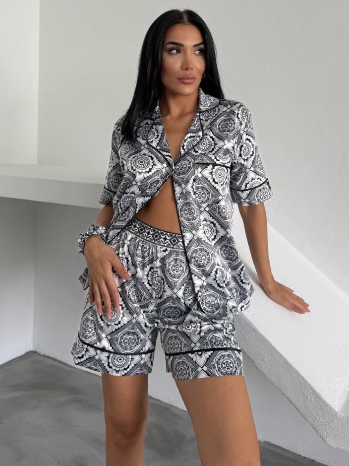 Set pijama dama din doua piese, cu nasturi – 2500162, Black Mosaic - imagine 7