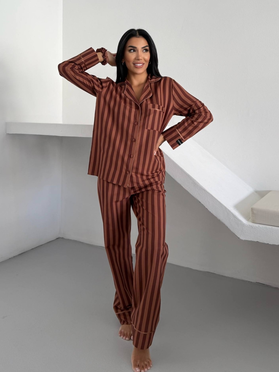 Set pijama dama din doua piese, cu nasturi – 2500292, Maro