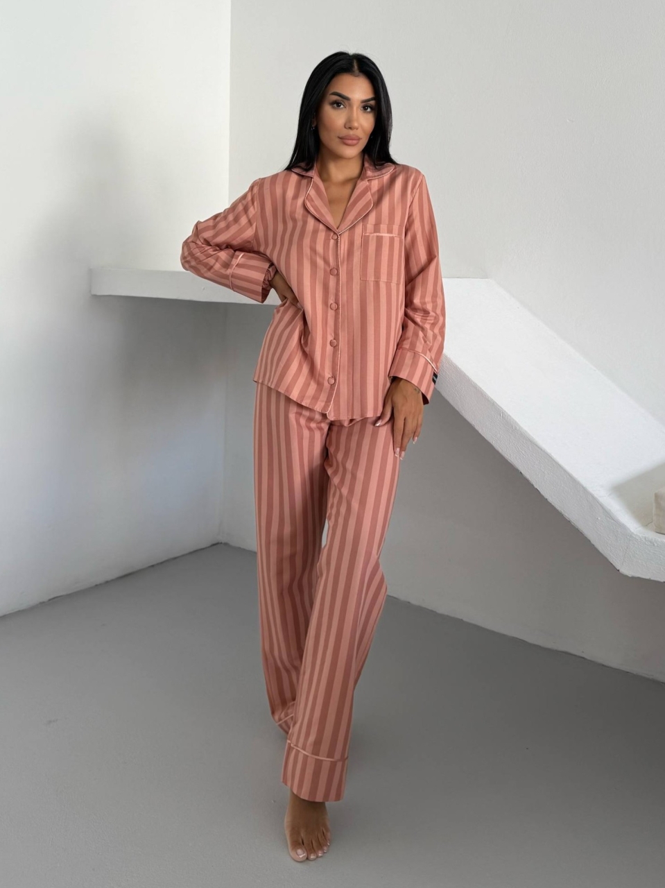 Set pijama dama din doua piese, cu nasturi – 2500295, Peach