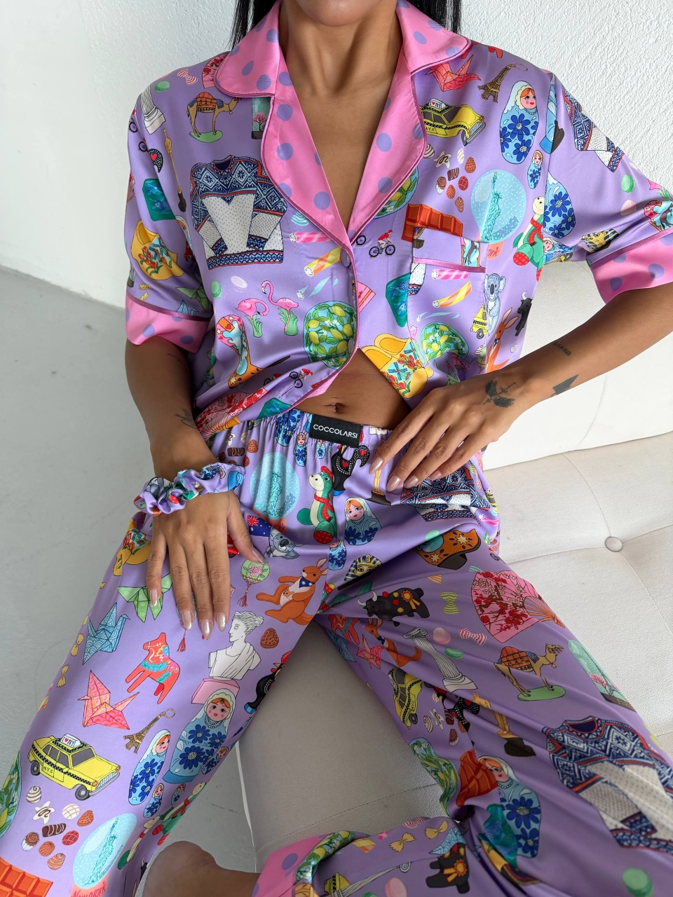 Set pijama dama din doua piese, cu nasturi – 2500378, Lilac Fantasy - imagine 6