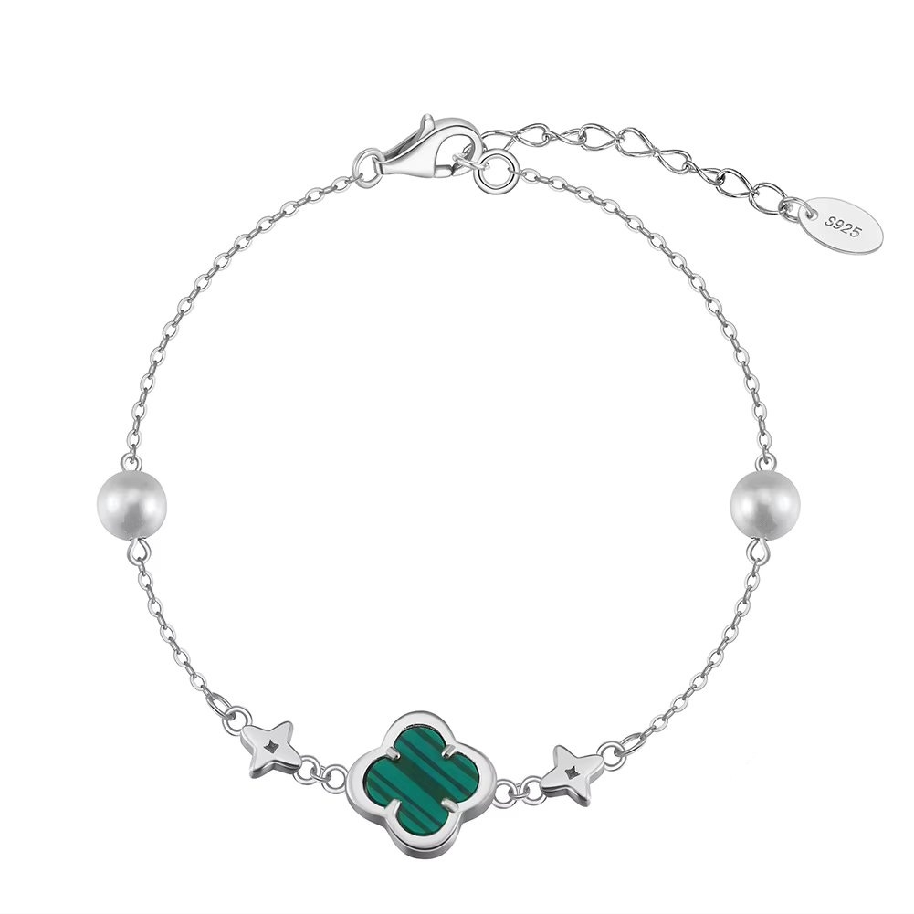 Bratara din argint 925 pentru dama, JW1692, model trifoi cu perle, placata cu rodiu