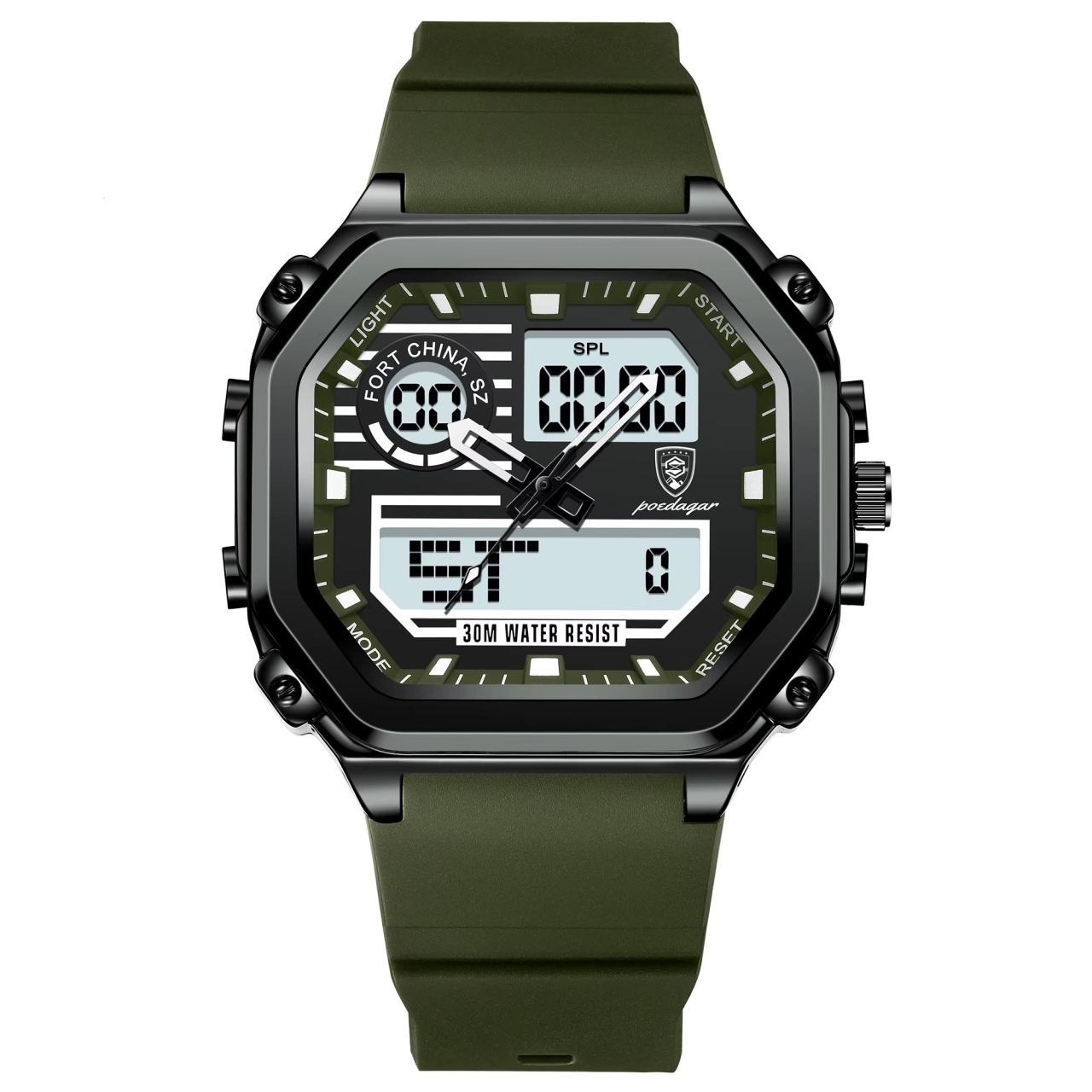 Ceas barbatesc digital Poedagar CS1764, silicon, verde, cadran negru